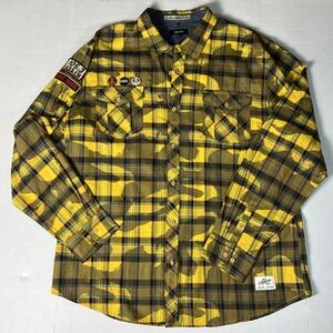 AKOO Mens Yellow Camo Plaid Button Up Long Sleeve Shirt XXL